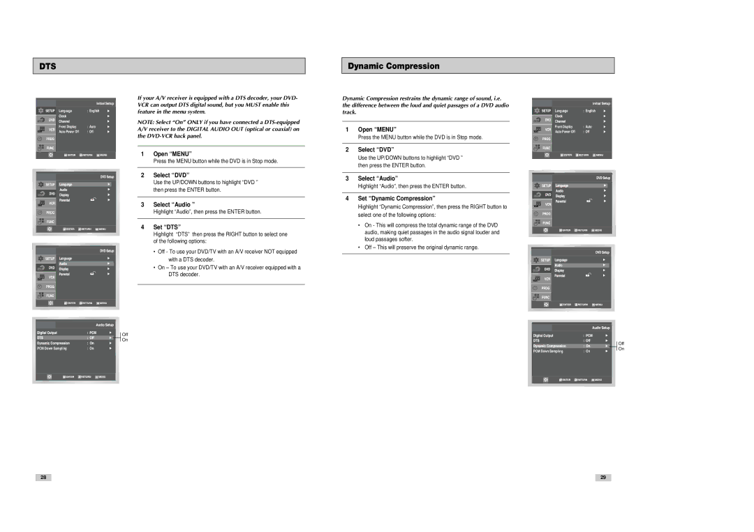 Samsung DVD-V3300 instruction manual Set Dynamic Compression, Set DTS 