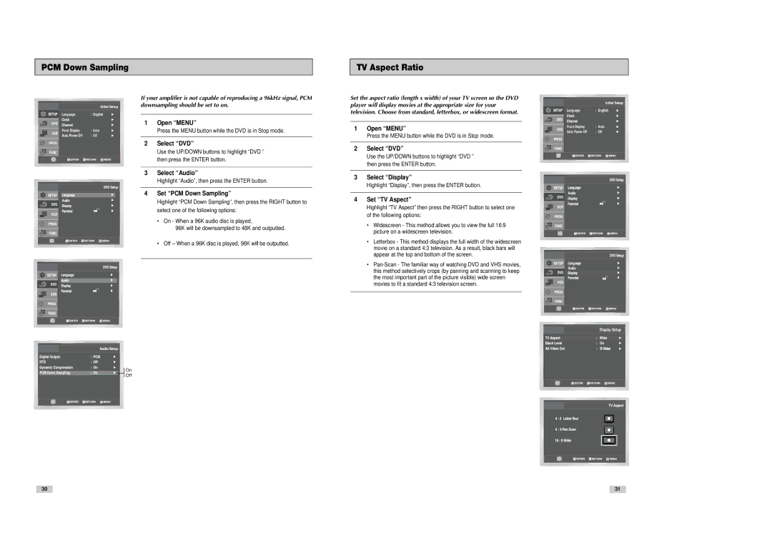 Samsung DVD-V3300 instruction manual PCM Down Sampling TV Aspect Ratio 