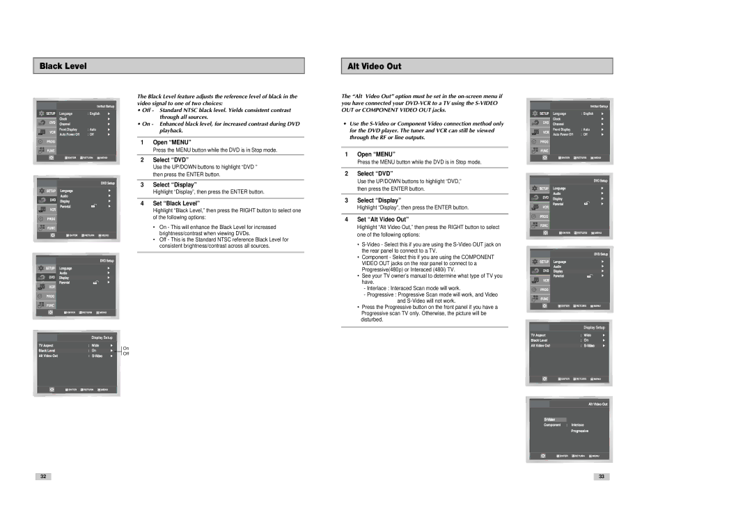 Samsung DVD-V3300 instruction manual Black Level Alt Video Out, Set Black Level, Set Alt Video Out 