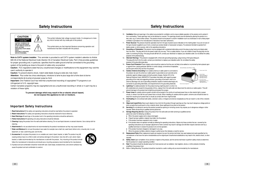 Samsung DVD-V3300 instruction manual Safety Instructions 