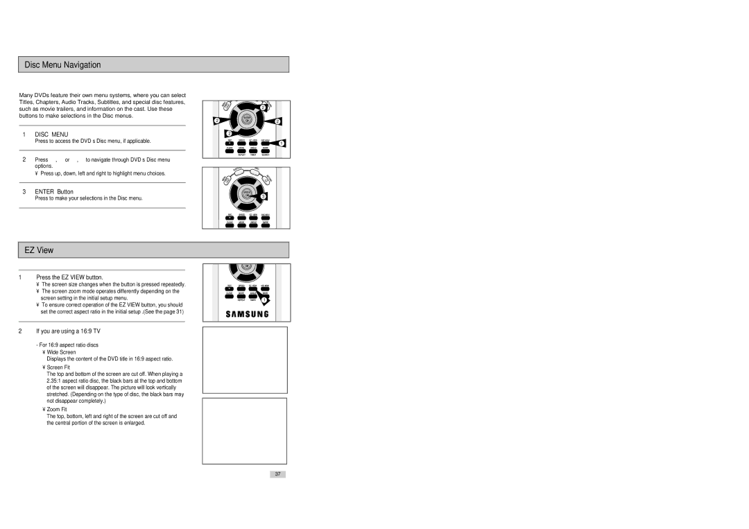 Samsung DVD-V3300 instruction manual Disc Menu Navigation, Press the EZ View button, Screen Fit, Zoom Fit 