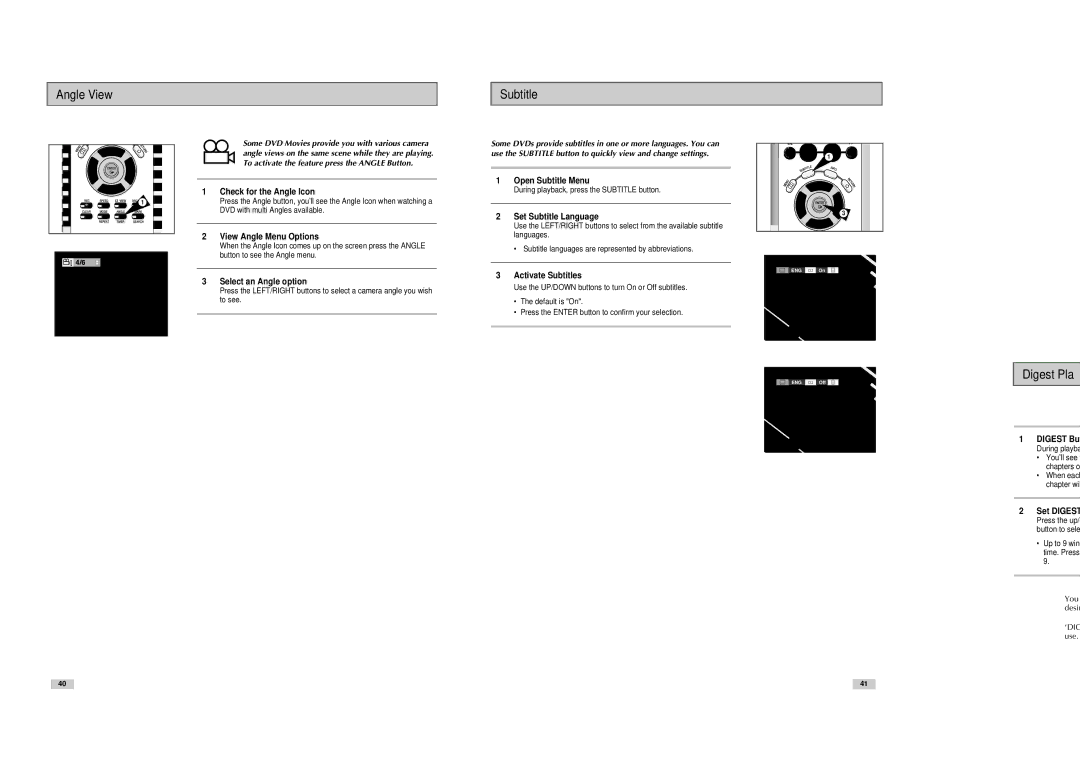 Samsung DVD-V3300 instruction manual Angle View Subtitle, Digest Pla 