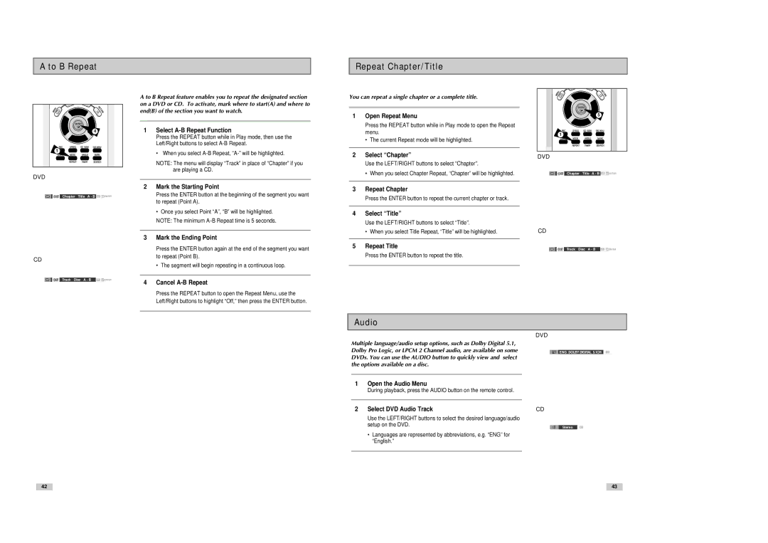 Samsung DVD-V3300 To B Repeat Repeat Chapter/Title, Audio, You can repeat a single chapter or a complete title 