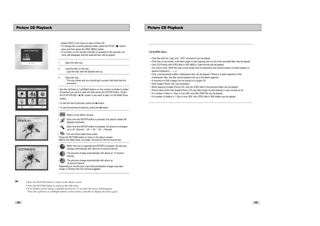 Samsung DVD-V3300 instruction manual Picture CD Playback, CD-R Jpeg Discs 