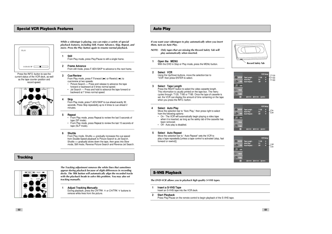 Samsung DVD-V3300 instruction manual Special VCR Playback Features Auto Play, Tracking, VHS Playback 