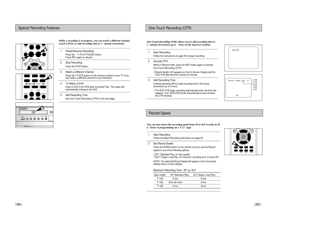 Samsung DVD-V3300 instruction manual Special Recording Features One-Touch Recording OTR, Record Speed 