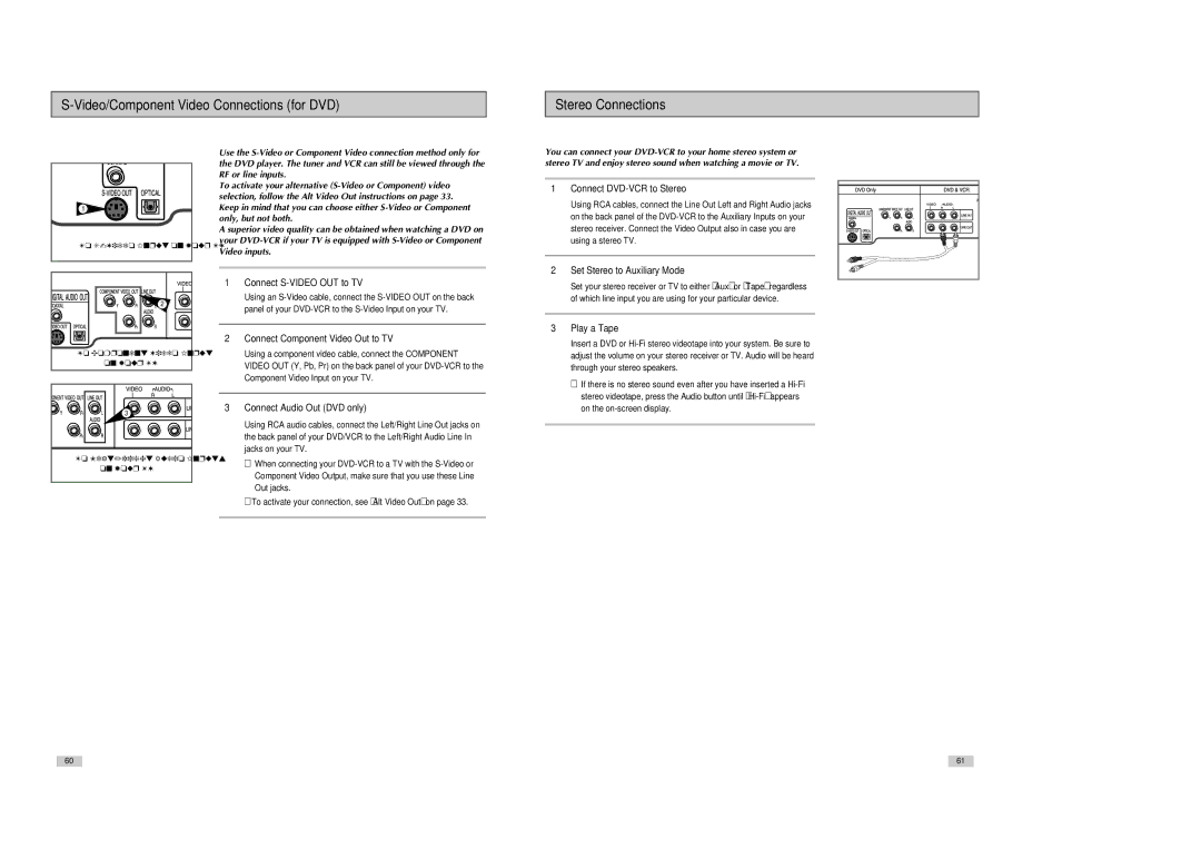 Samsung DVD-V3300 Connect S-VIDEO OUT to TV, Connect Component Video Out to TV, Connect Audio Out DVD only, Play a Tape 