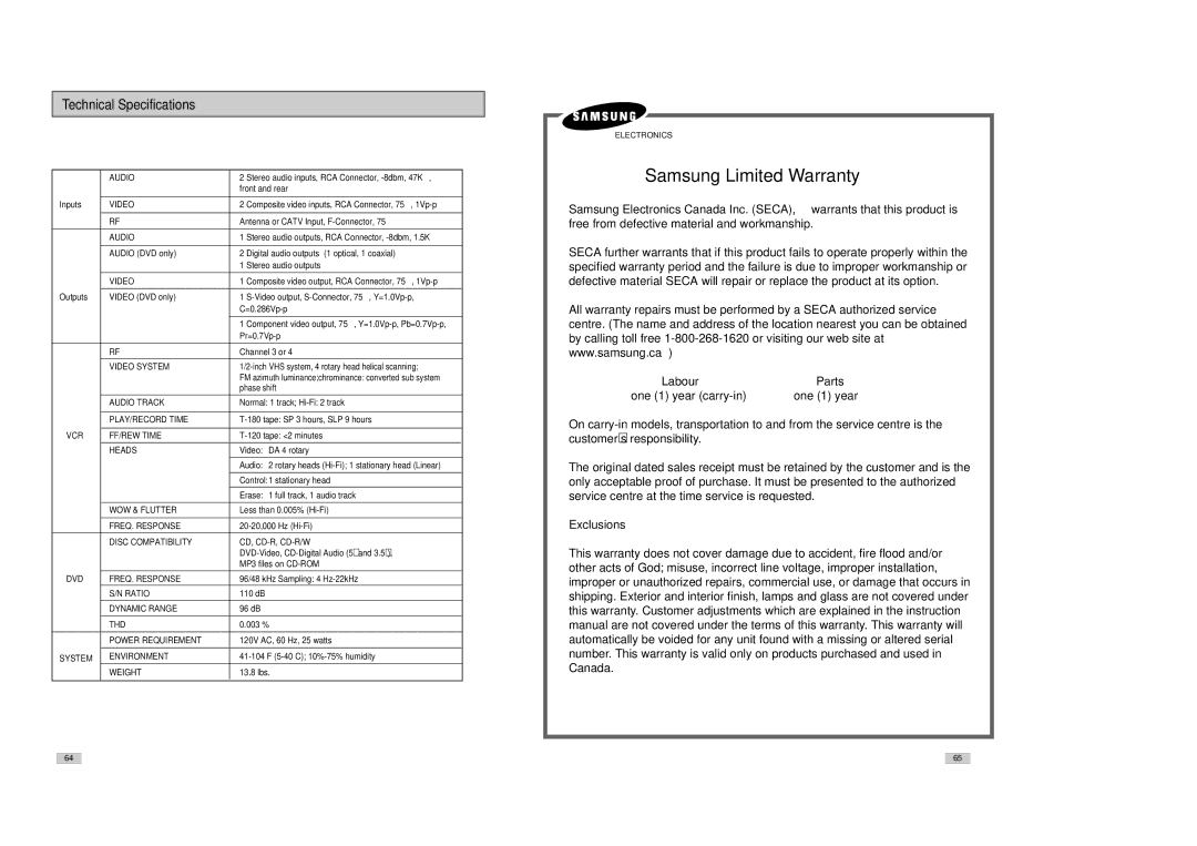 Samsung DVD-V3300 instruction manual Technical Specifications, Inputs 