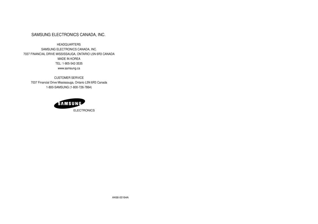 Samsung DVD-V3300 instruction manual Samsung Electronics CANADA, INC 