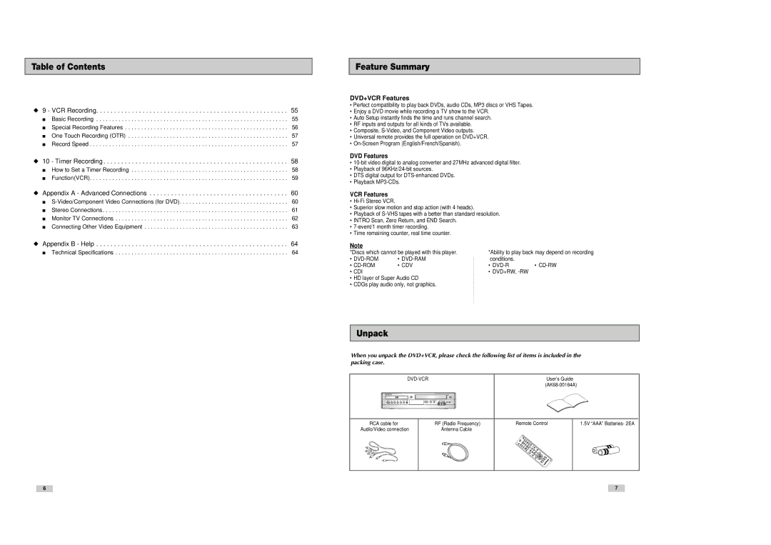 Samsung DVD-V3300 instruction manual Feature Summary, Unpack, DVD Features, VCR Features 