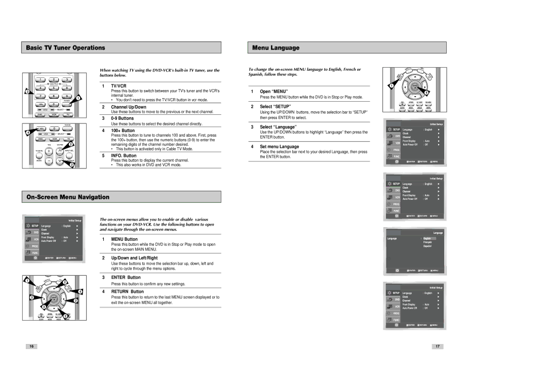 Samsung DVD-V3300 instruction manual Basic TV Tuner Operations Menu Language, On-Screen Menu Navigation 