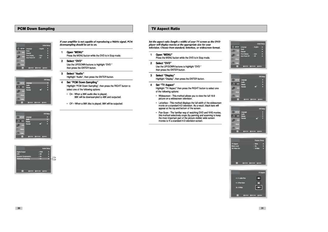 Samsung DVD-V3300 instruction manual PCM Down Sampling, TV Aspect Ratio 