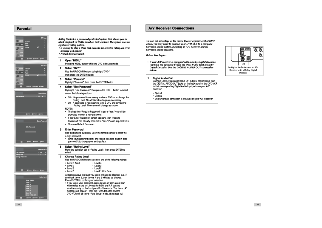 Samsung DVD-V3300 instruction manual Parental, A/V Receiver Connections 