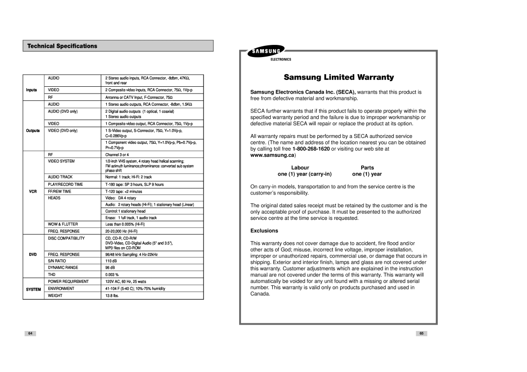 Samsung DVD-V3300 Technical Specifications, Samsung Limited Warranty, Labour, one 1 year carry-in, Exclusions 