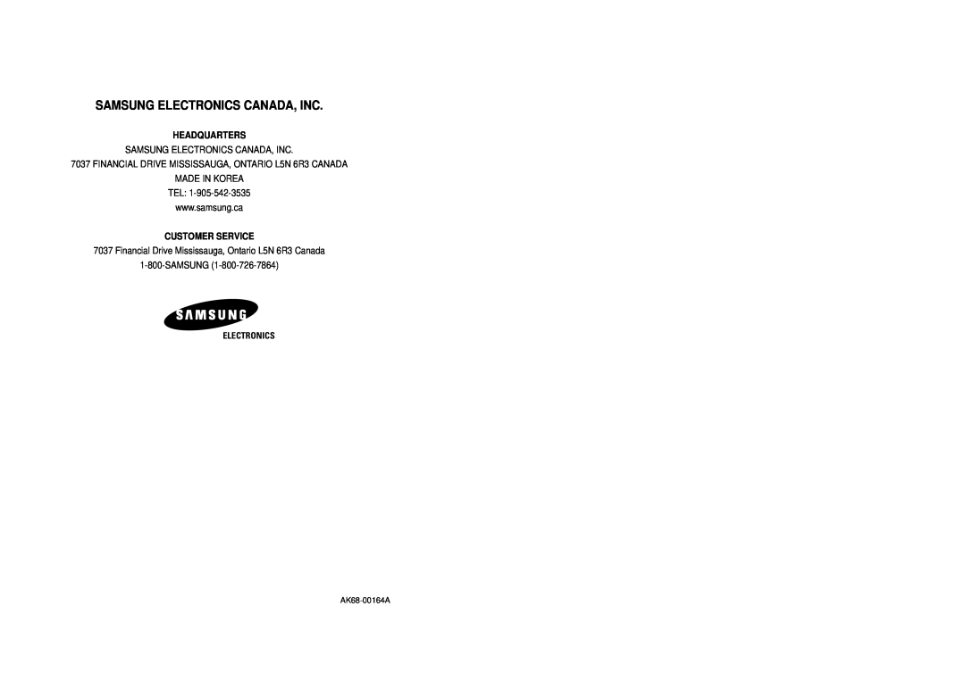 Samsung DVD-V3300 Samsung Electronics Canada, Inc, Headquarters, FINANCIAL DRIVE MISSISSAUGA, ONTARIO L5N 6R3 CANADA 