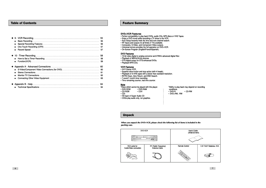 Samsung DVD-V3300 Feature Summary, Unpack, Table of Contents, VCR Recording, Timer Recording, Appendix B - Help 
