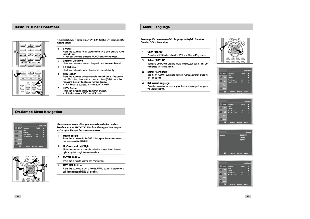 Samsung DVD-V3300 instruction manual Basic TV Tuner Operations, Menu Language, On-Screen Menu Navigation 