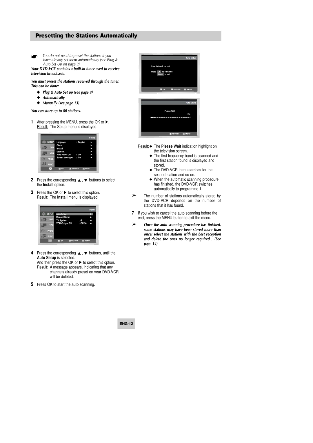 Samsung DVD-V540, DVD-V340, DVD-V440 instruction manual Presetting the Stations Automatically, Install option 