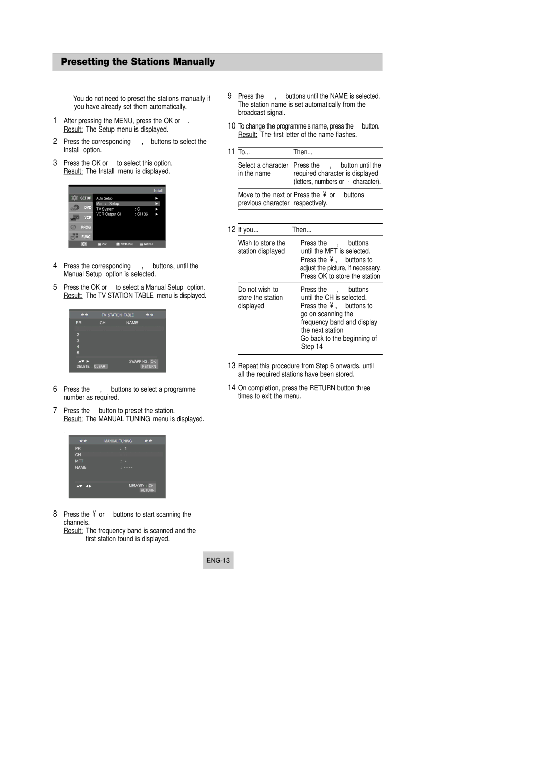 Samsung DVD-V440, DVD-V340, DVD-V540 Presetting the Stations Manually, Install option, 11 To...Then, If you Then 