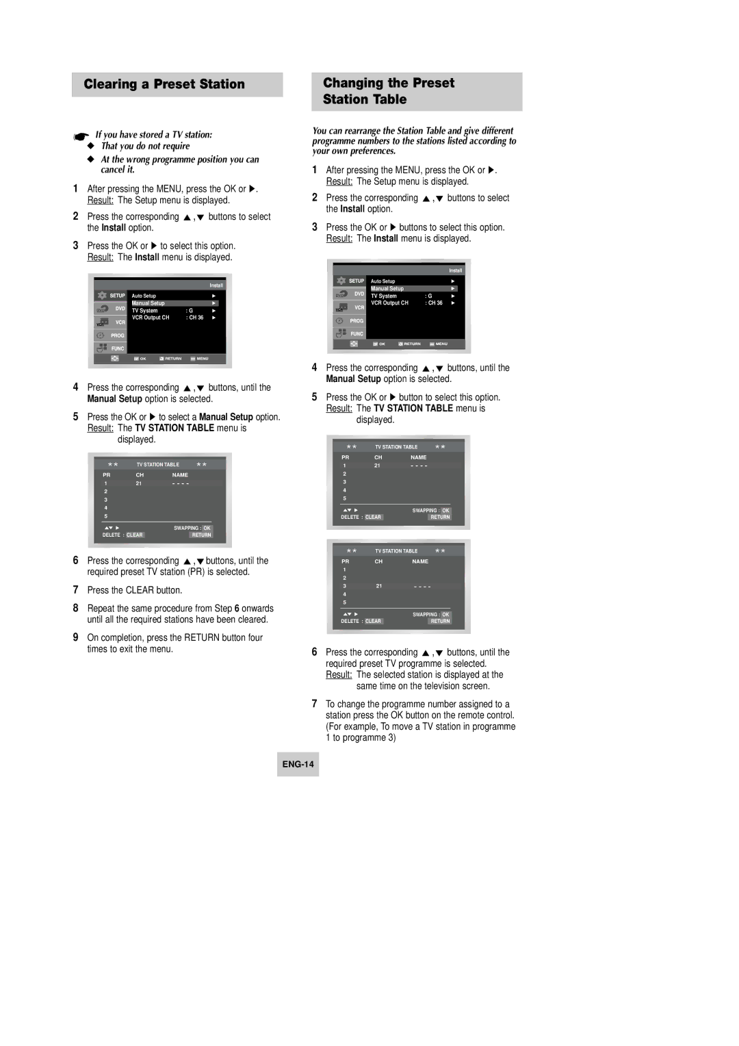 Samsung DVD-V340, DVD-V540, DVD-V440 Clearing a Preset Station, Changing the Preset Station Table, Press the Clear button 