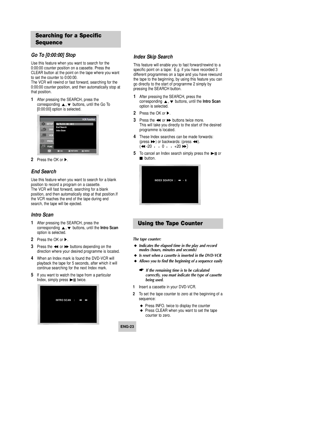 Samsung DVD-V340, DVD-V540, DVD-V440 Using the Tape Counter, Go To 00000 Stop, End Search, Intro Scan, Index Skip Search 