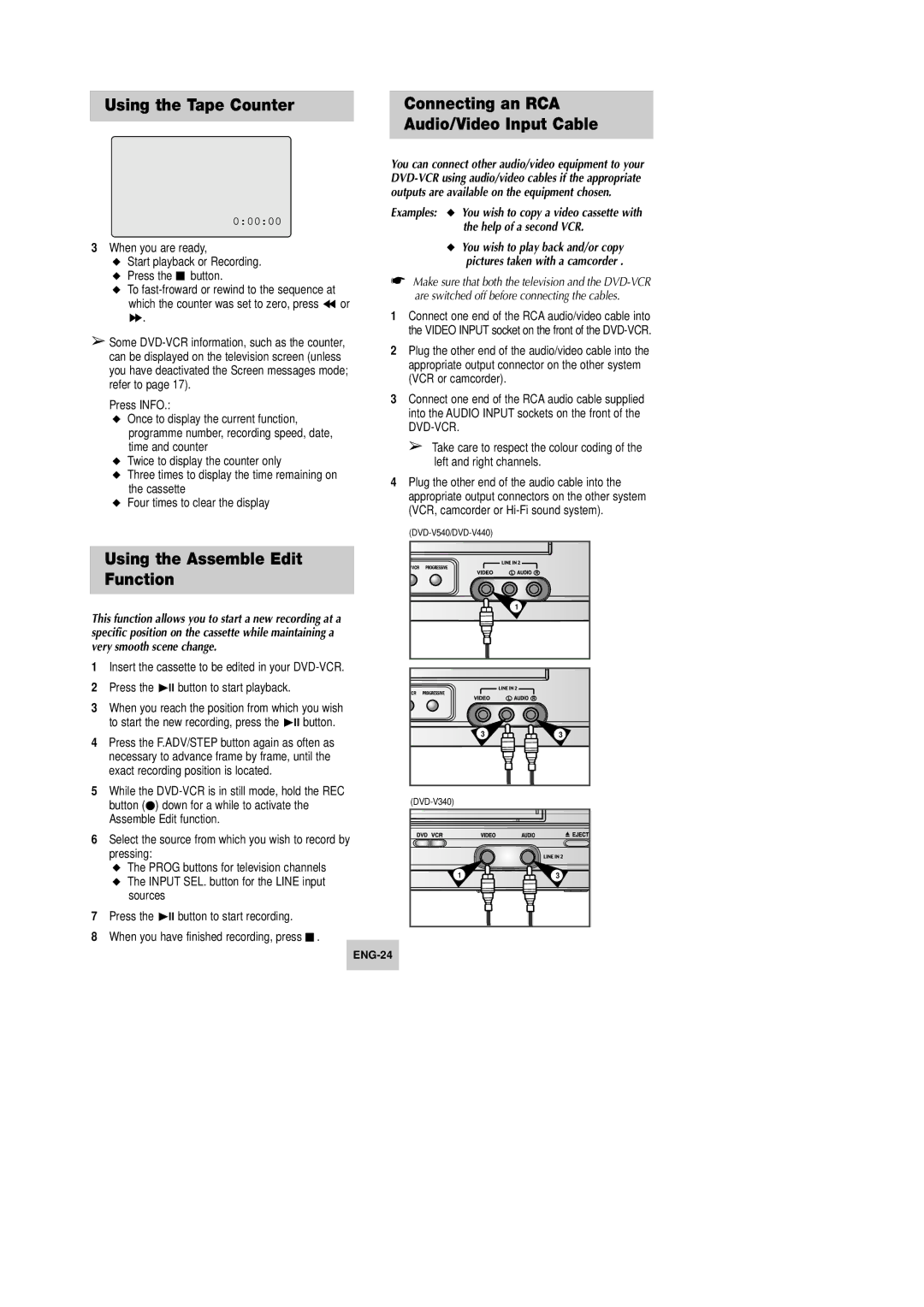 Samsung DVD-V540, DVD-V340 Using the Assemble Edit Function, Help of a second VCR, You wish to play back and/or copy 