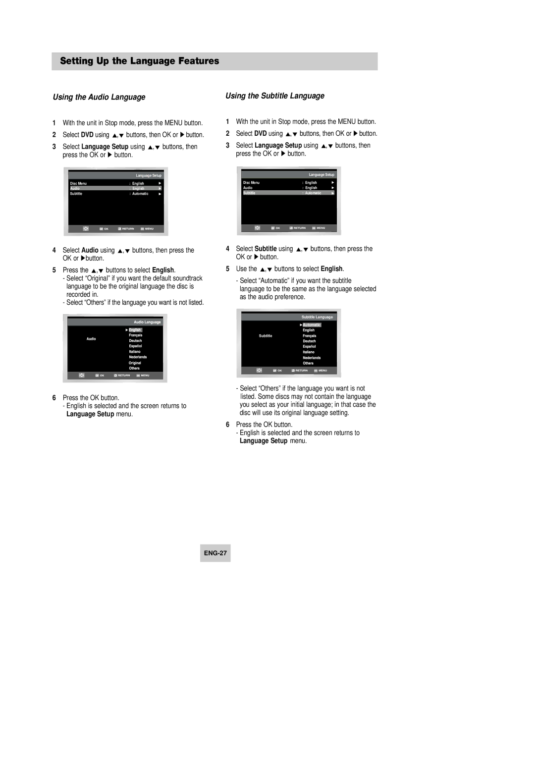 Samsung DVD-V540 Setting Up the Language Features, OK or ❿button, Press the ,❷ buttons to select English, Recorded 