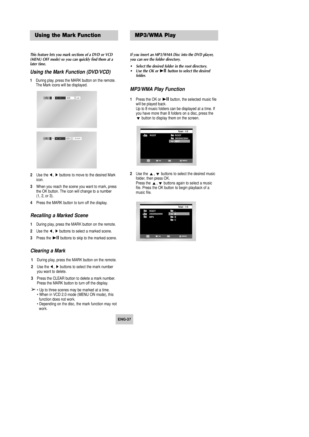 Samsung DVD-V440, DVD-V340 Using the Mark Function MP3/WMA Play, Using the Mark Function DVD/VCD, Recalling a Marked Scene 