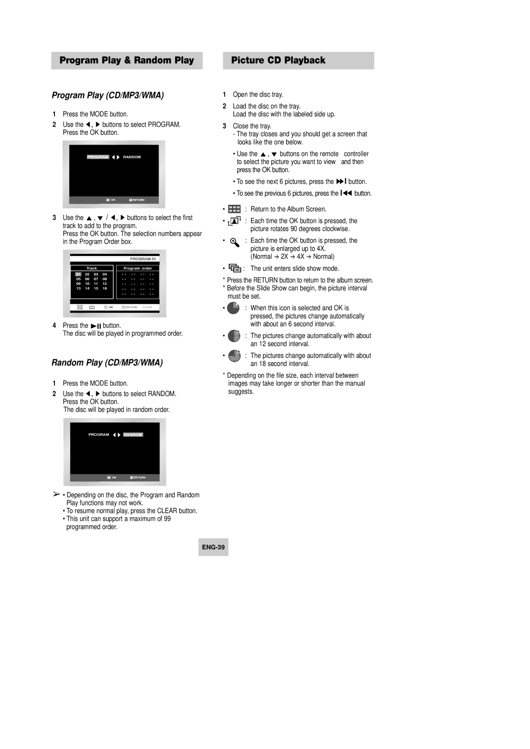 Samsung DVD-V540 Program Play & Random Play, Program Play CD/MP3/WMA, Random Play CD/MP3/WMA, Return to the Album Screen 