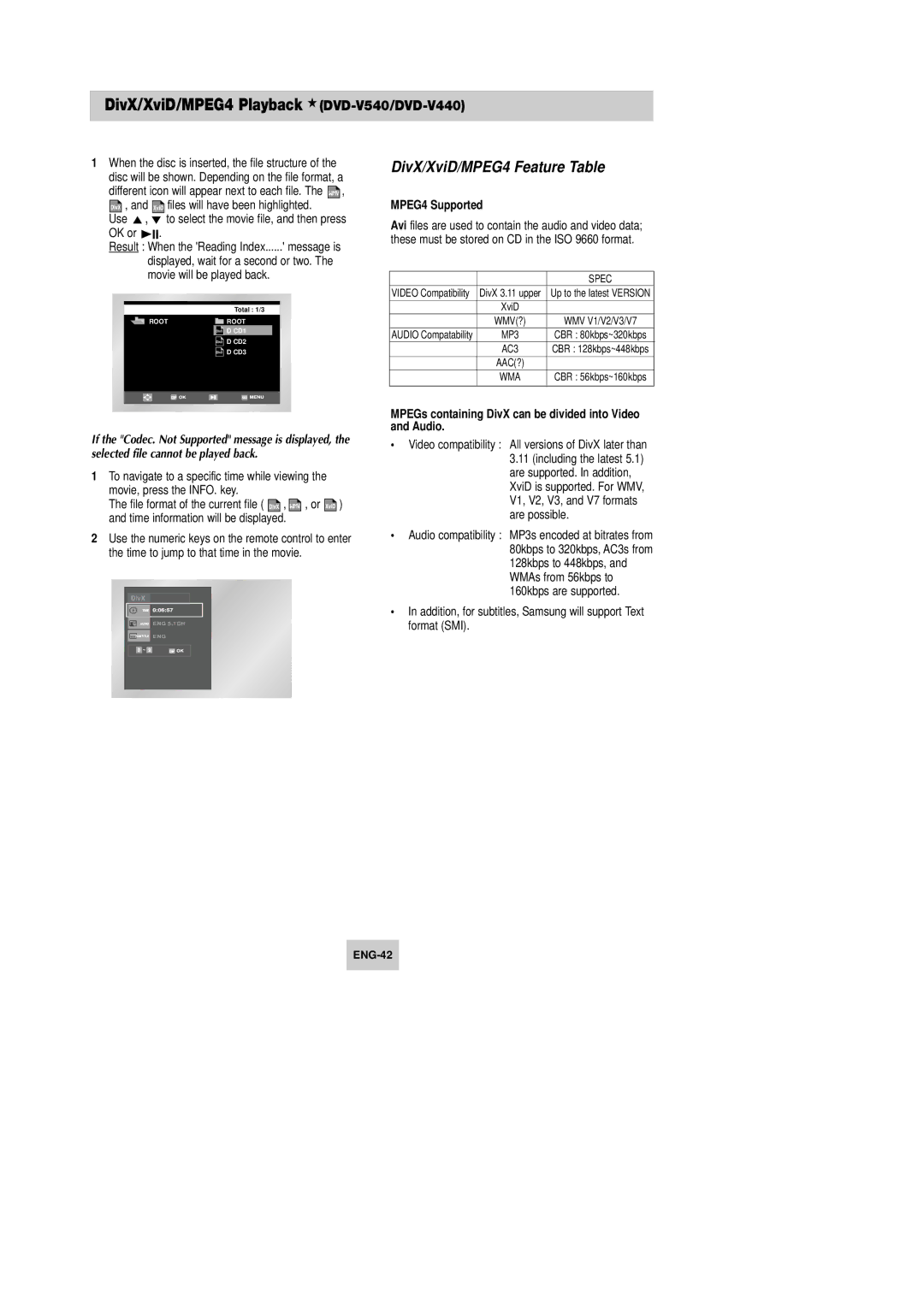 Samsung DVD-V340 DivX/XviD/MPEG4 Playback DVD-V540/DVD-V440, DivX/XviD/MPEG4 Feature Table, MPEG4 Supported 