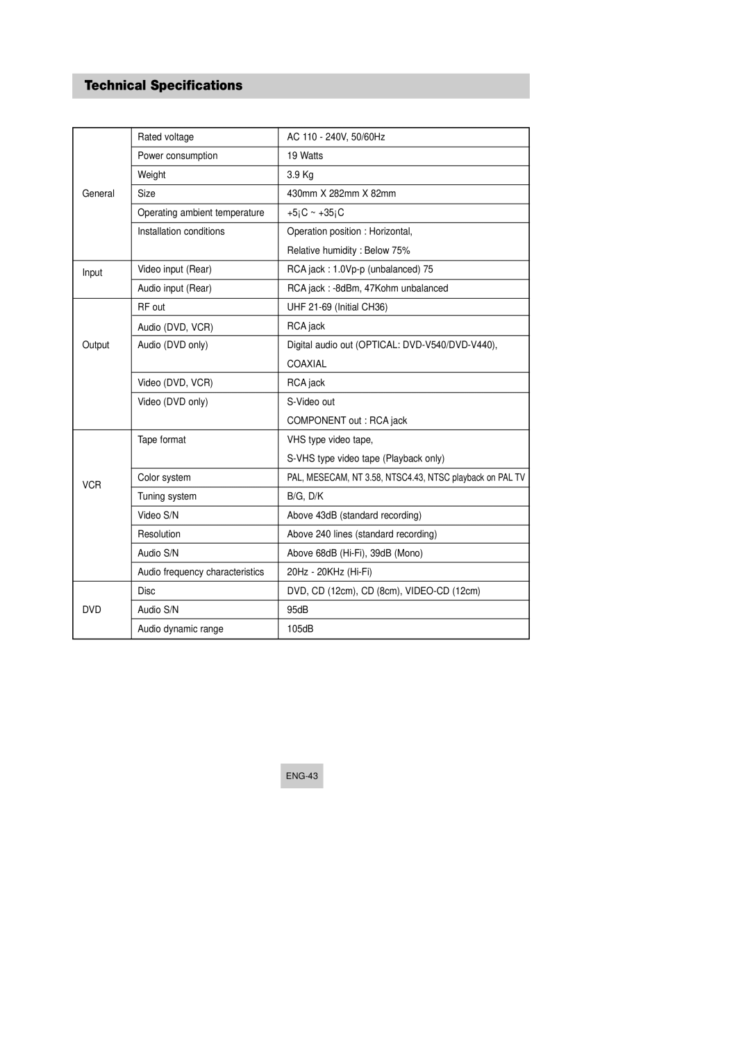 Samsung DVD-V440, DVD-V340, DVD-V540 instruction manual Technical Specifications, General, Input, Output 