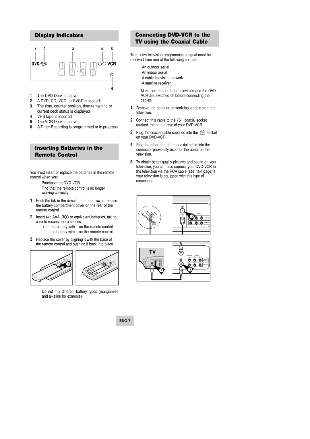 Samsung DVD-V440, DVD-V340, DVD-V540 instruction manual Display Indicators, Inserting Batteries in the Remote Control 