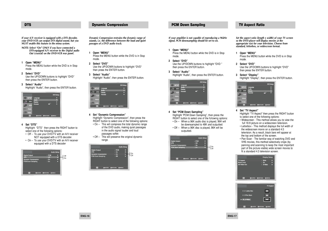 Samsung DVD-V4500 instruction manual PCM Down Sampling TV Aspect Ratio, Dynamic Compression 