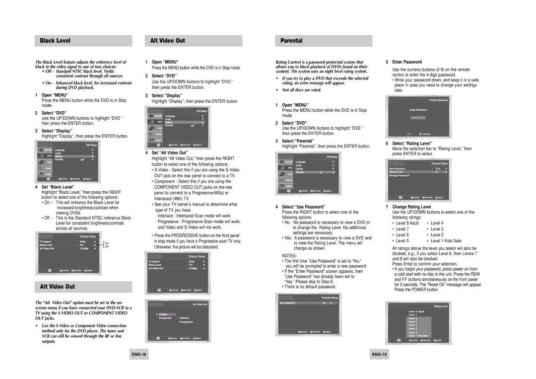 Samsung DVD-V4500 instruction manual Black Level Alt Video Out Parental 