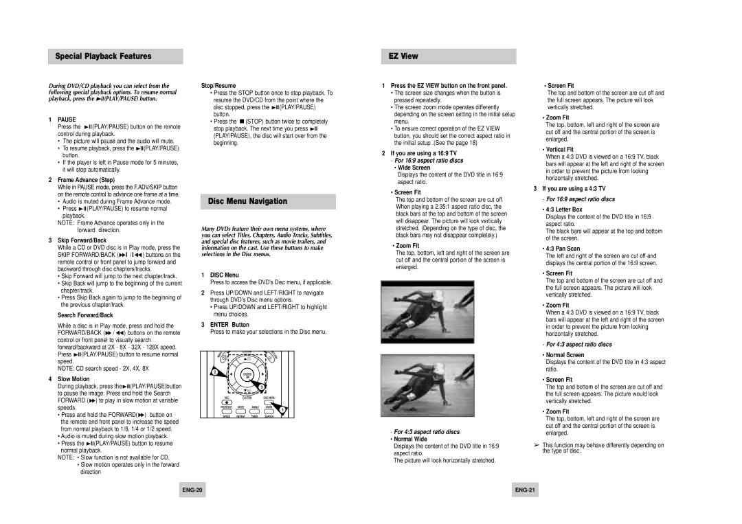 Samsung DVD-V4500 instruction manual Special Playback Features, Disc Menu Navigation, EZ View 