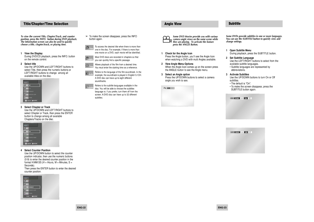 Samsung DVD-V4500 instruction manual Title/Chapter/Time Selection Angle View Subtitle 