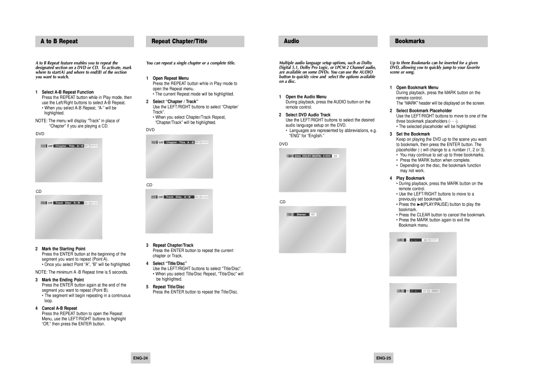 Samsung DVD-V4500 To B Repeat Repeat Chapter/Title Audio, Bookmarks, You can repeat a single chapter or a complete title 