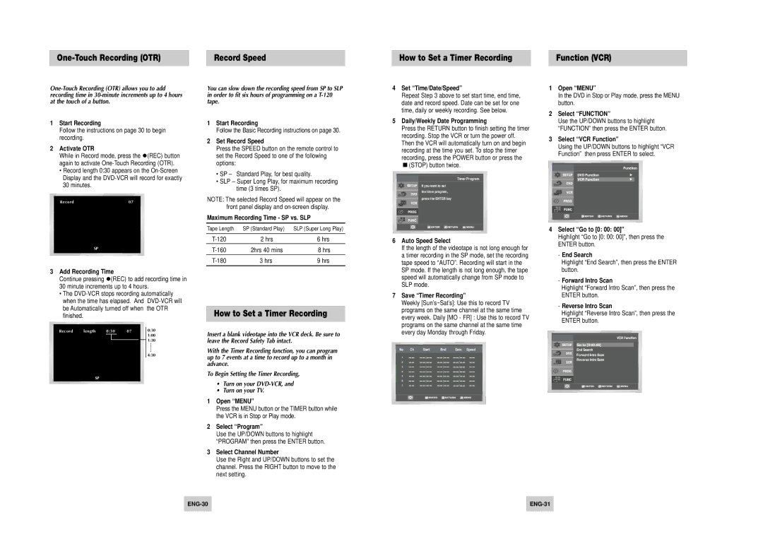 Samsung DVD-V4500 Activate OTR, Set Record Speed, Maximum Recording Time SP vs. SLP, Select Program, Select Channel Number 