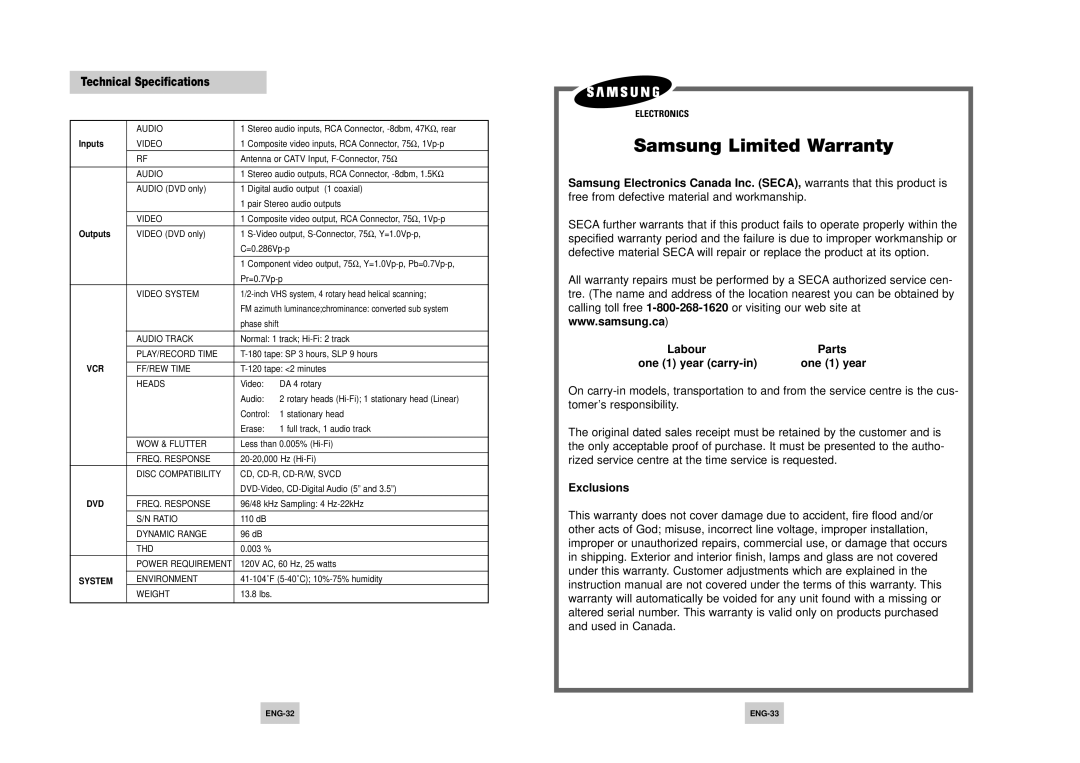 Samsung DVD-V4500 instruction manual Technical Specifications, Outputs, ENG-32 ENG-33 