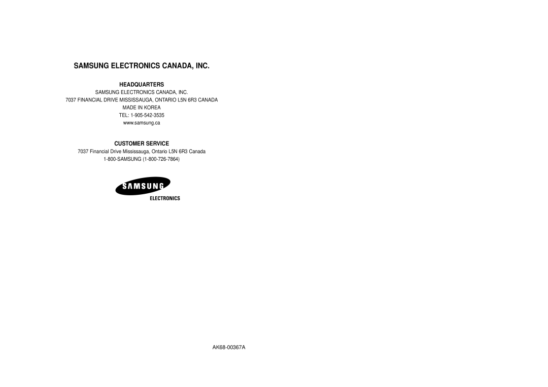 Samsung DVD-V4500 instruction manual Samsung Electronics CANADA, INC 