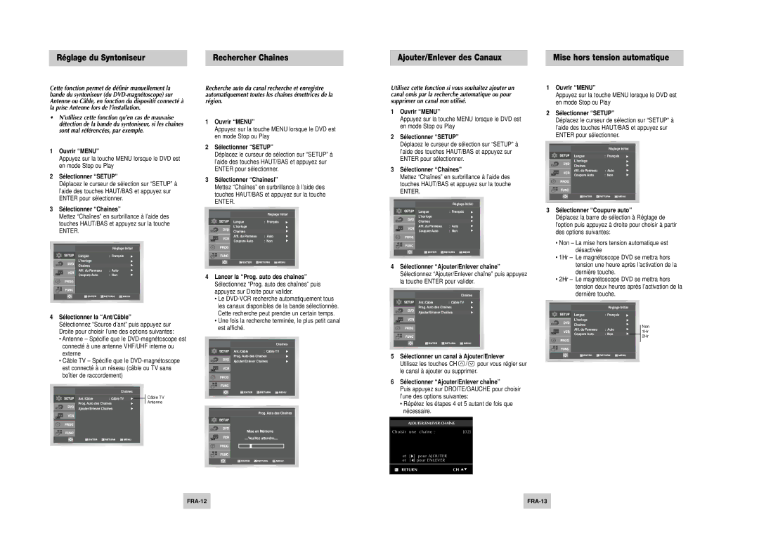 Samsung DVD-V4500 Réglage du Syntoniseur, Ajouter/Enlever des Canaux, Rechercher Chaînes, Mise hors tension automatique 