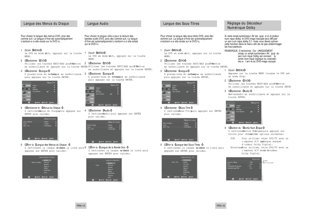 Samsung DVD-V4500 instruction manual Réglage du Décodeur Numérique Dolby 