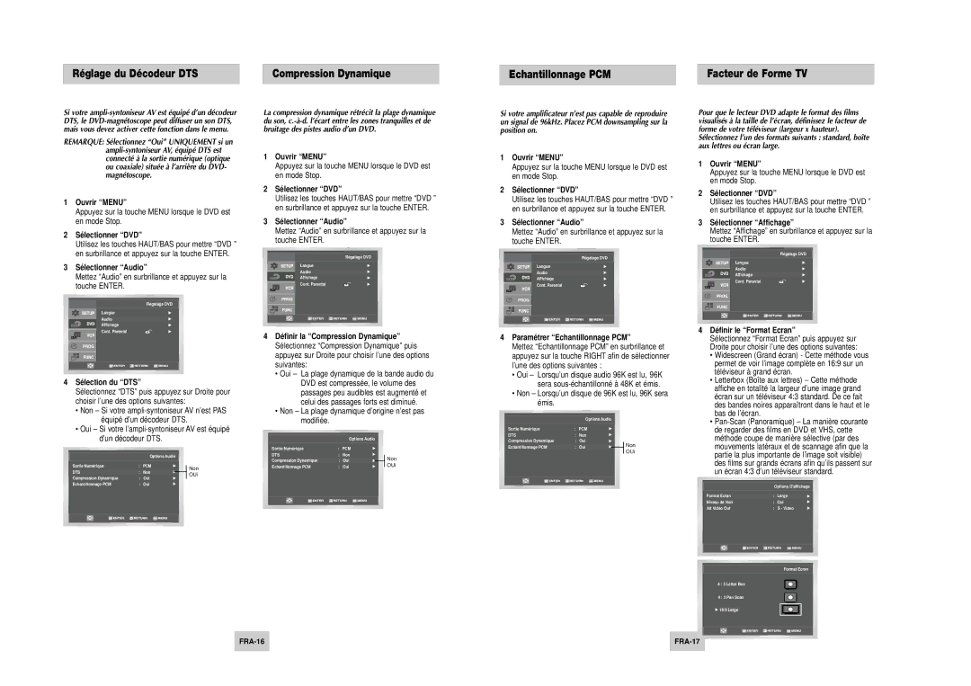 Samsung DVD-V4500 Réglage du Décodeur DTS, Echantillonnage PCM Facteur de Forme TV, Compression Dynamique 