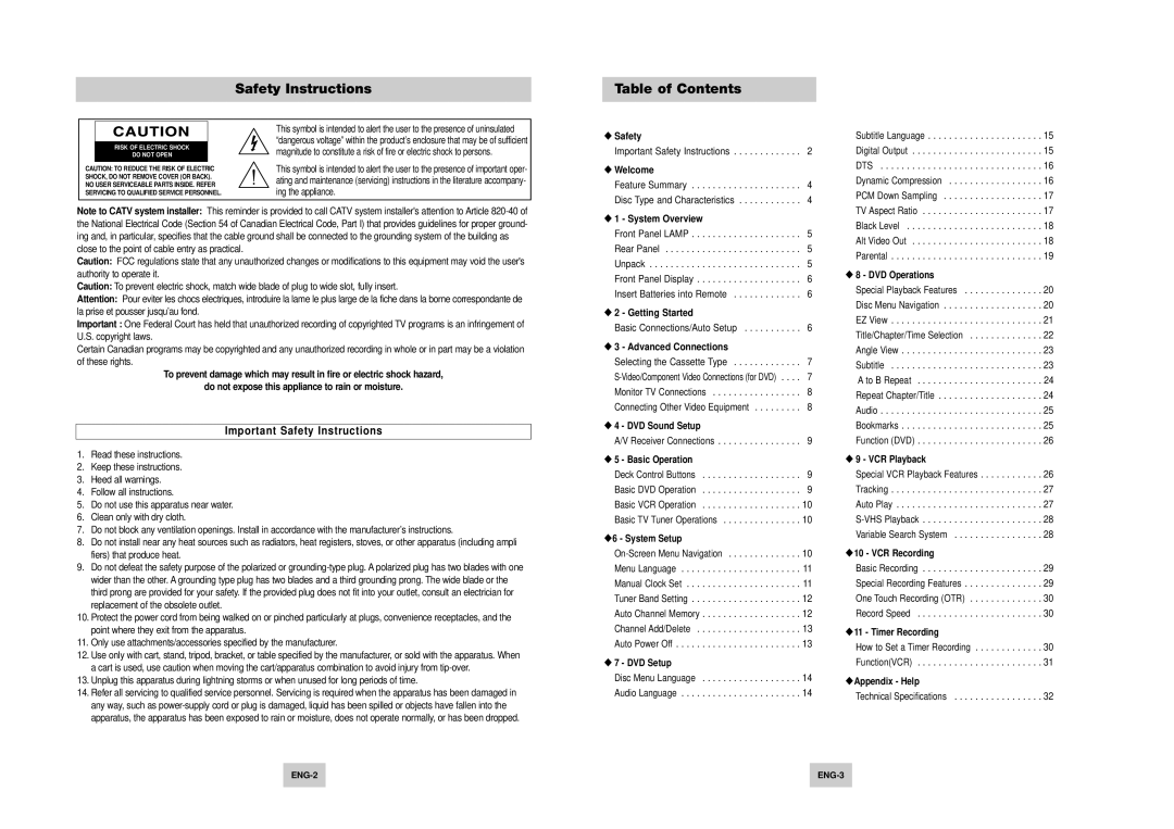 Samsung DVD-V4500 instruction manual Safety Instructions Table of Contents 