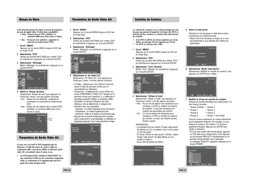 Samsung DVD-V4500 Dé finir le Niveau de Noirs, Sé lectionner Cont. Parental, Sé lectionner Utiliser le Code, FRA-18 FRA-19 