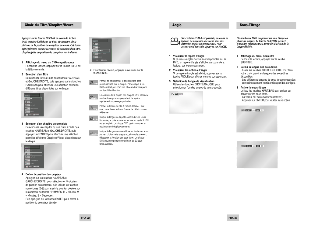 Samsung DVD-V4500 instruction manual Choix du Titre/Chapitre/Heure Angle, Sous-Titrage 