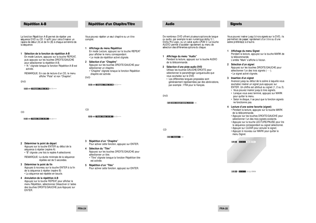 Samsung DVD-V4500 instruction manual Répétition A-B Répétition d’un Chapitre/Titre Audio, Signets 