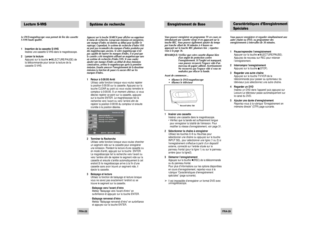 Samsung DVD-V4500 instruction manual Lecture S-VHS, Enregistrement de Base, Spéciales, Système de recherche 