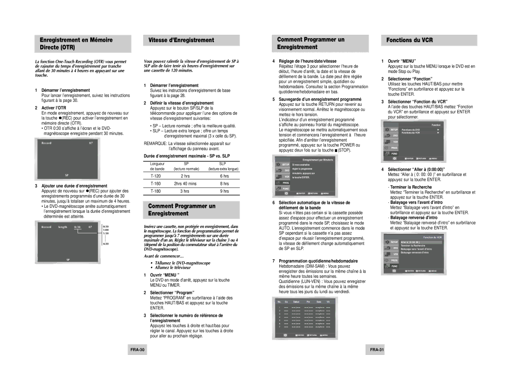 Samsung DVD-V4500 Enregistrement en Mémoire Directe OTR, Vitesse d’Enregistrement, Comment Programmer un Enregistrement 