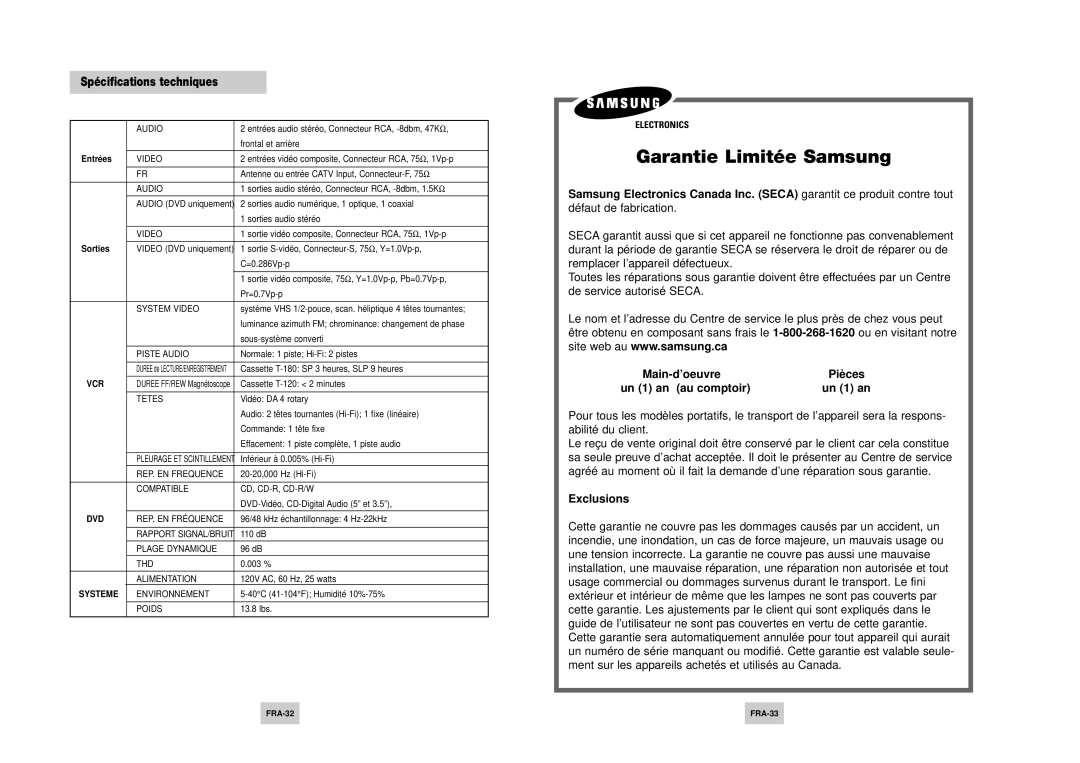 Samsung DVD-V4500 instruction manual Spécifications techniques, Sorties, FRA-32 FRA-33 